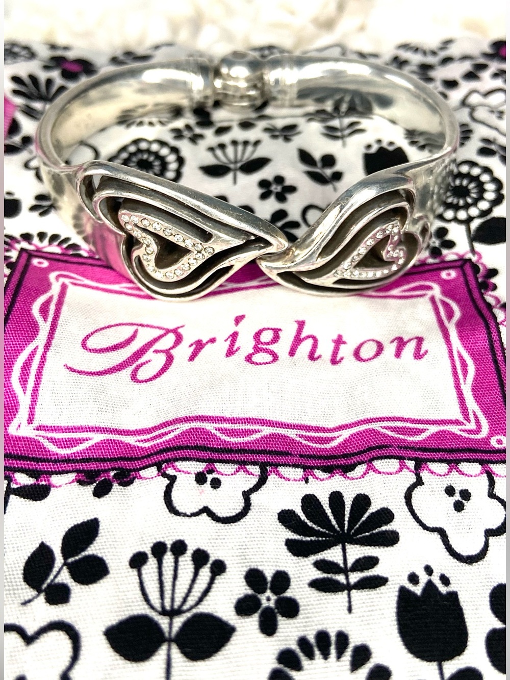 Brighton Silver Heart Motif Hinged Bangle with Crystal Accents
